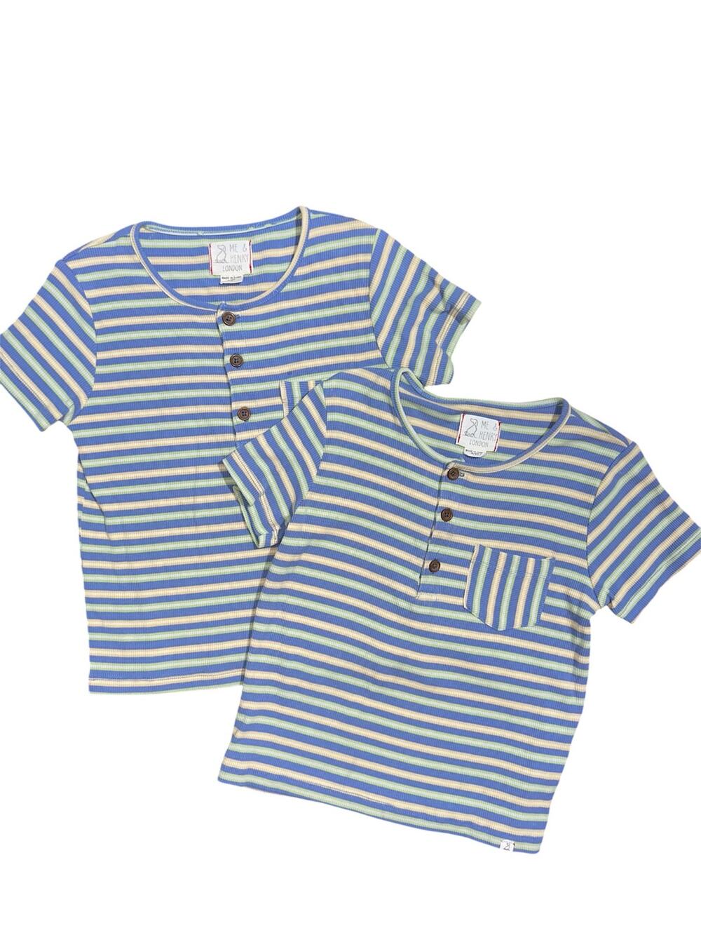 Me & Henry London Boys Blue Green Stripe Dodger Henley Tee x2 Size 4/5Y